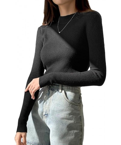 Women's Mock Neck Ribbed Knit Sweater Long Sleeve Slim Fit Knit Tops Casual Trendy Basic Tops Black $19.88 Sweaters