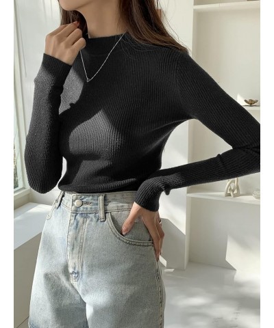 Women's Mock Neck Ribbed Knit Sweater Long Sleeve Slim Fit Knit Tops Casual Trendy Basic Tops Black $19.88 Sweaters