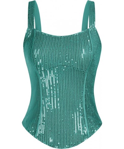 Sequin Tank Tops for Women Bustier Corset Top Sparkle Sexy Slim Camisole Sleeveless Party Light Blue Green $18.01 Tops
