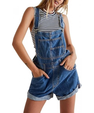 Womens Overalls Shorts Denim Bib Straps Shorts Casual Solid Color Rompers Jumpsuits With Pockets Pants Navy Blue $19.34 Overalls