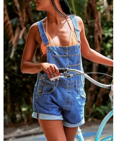 Womens Overalls Shorts Denim Bib Straps Shorts Casual Solid Color Rompers Jumpsuits With Pockets Pants Navy Blue $19.34 Overalls
