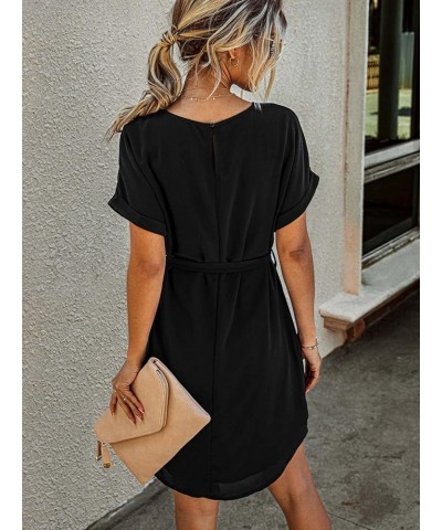 Women's Casual Short Sleeve Round Neck Self Belted Straight Mini Dress Black $19.94 Dresses