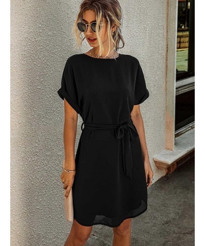Women's Casual Short Sleeve Round Neck Self Belted Straight Mini Dress Black $19.94 Dresses