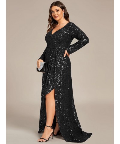 Women's V-Neck Sequin Long Sleeve Plus Size Formal Evening Dress 50146 Black $33.62 Dresses