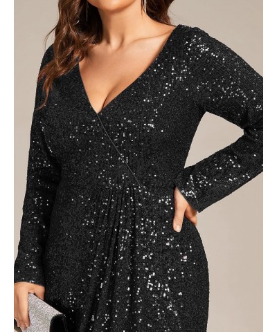 Women's V-Neck Sequin Long Sleeve Plus Size Formal Evening Dress 50146 Black $33.62 Dresses