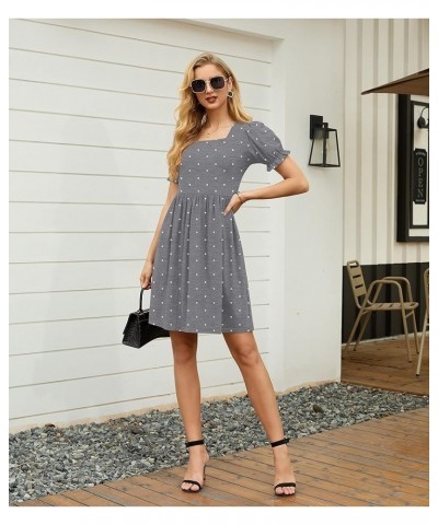 Womens Summer Dresses Square Neck Ruffle Puff Sleeve A-Line Casual Mini Dress 03 Dot Gray $16.40 Dresses