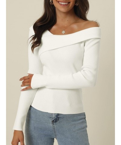 Women's Off Shoulder Sweater Long Sleeve Ribbed Knit Jumper Solid Pullover Top White $20.51 Sweaters