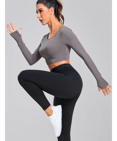 Women's Long Sleeve Crop Top Twist Back Gym Backless Fitness T-Shirts Dark Gray $13.99 Activewear