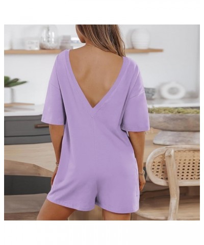 Women's Jumpsuits, Rompers & Overalls Ladies Comfortable Fashion Casual Short Sleeve Round Neck Jumpsuit Shorts 01-light Purp...