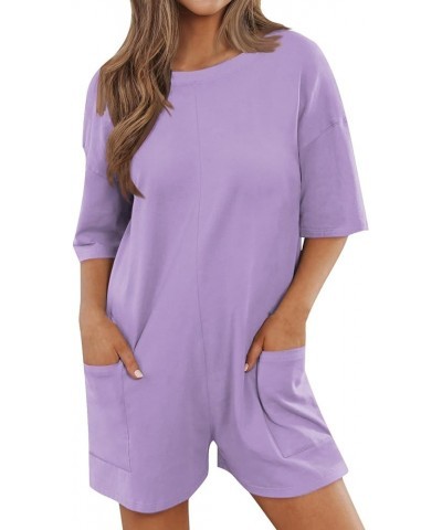 Women's Jumpsuits, Rompers & Overalls Ladies Comfortable Fashion Casual Short Sleeve Round Neck Jumpsuit Shorts 01-light Purp...
