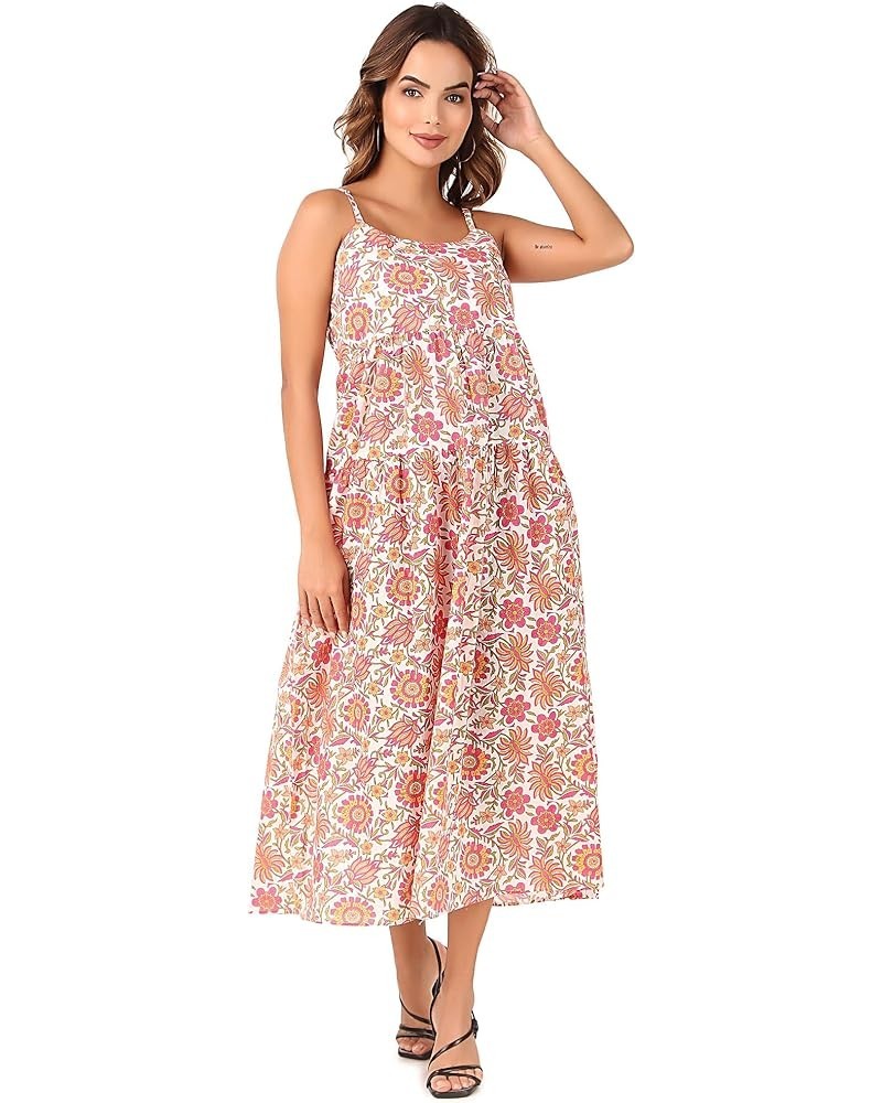 Women Bohemian 100% Cotton Floral Printed Spaghetti Strap Summer Beach Casual Long Swing Dress with Pocket Vin Rouge $23.48 D...