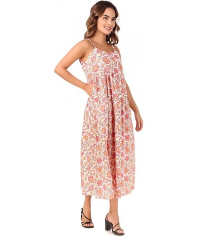 Women Bohemian 100% Cotton Floral Printed Spaghetti Strap Summer Beach Casual Long Swing Dress with Pocket Vin Rouge $23.48 D...