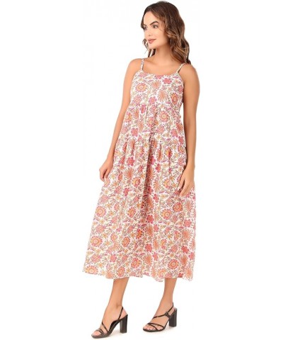 Women Bohemian 100% Cotton Floral Printed Spaghetti Strap Summer Beach Casual Long Swing Dress with Pocket Vin Rouge $23.48 D...