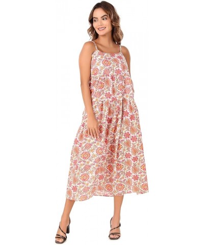 Women Bohemian 100% Cotton Floral Printed Spaghetti Strap Summer Beach Casual Long Swing Dress with Pocket Vin Rouge $23.48 D...