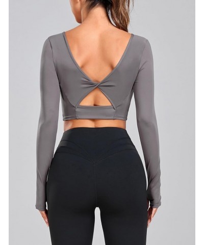 Women's Long Sleeve Crop Top Twist Back Gym Backless Fitness T-Shirts Dark Gray $13.99 Activewear
