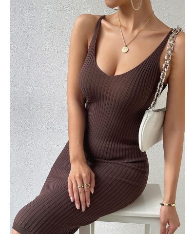 Women's Elegant Ribbed Knit Sleeveless V Neck Bodycon Pencil Midi Dress Solid Long Summer Tank Dresses Solid Coffee Brown $13...