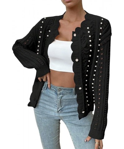 Women's Open Front Scallop Trim Pointelle Knit Beaded Loose Cardigan Sweater Black $16.00 Sweaters