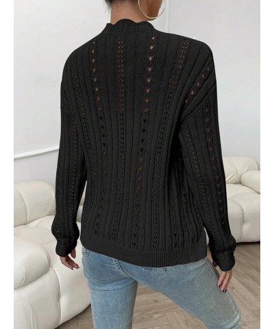 Women's Open Front Scallop Trim Pointelle Knit Beaded Loose Cardigan Sweater Black $16.00 Sweaters