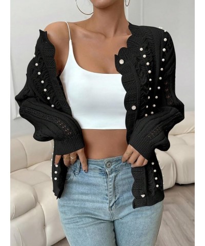 Women's Open Front Scallop Trim Pointelle Knit Beaded Loose Cardigan Sweater Black $16.00 Sweaters