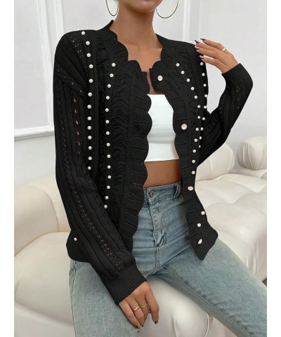 Women's Open Front Scallop Trim Pointelle Knit Beaded Loose Cardigan Sweater Black $16.00 Sweaters