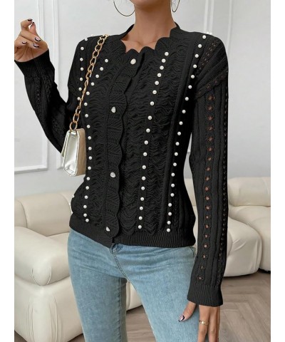 Women's Open Front Scallop Trim Pointelle Knit Beaded Loose Cardigan Sweater Black $16.00 Sweaters