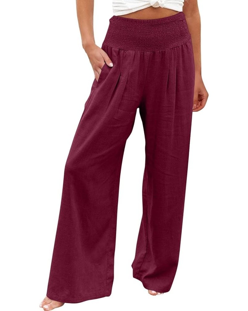 Women's Cotton Linen Wide Leg Pants Summer Casual High Waisted Boho Palazzo Pants Baggy Lounge Trousers w Pockets A1 red $6.9...