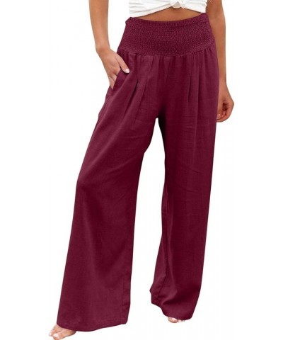 Women's Cotton Linen Wide Leg Pants Summer Casual High Waisted Boho Palazzo Pants Baggy Lounge Trousers w Pockets A1 red $6.9...