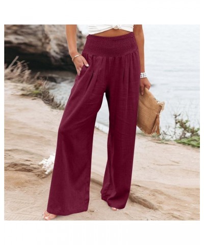 Women's Cotton Linen Wide Leg Pants Summer Casual High Waisted Boho Palazzo Pants Baggy Lounge Trousers w Pockets A1 red $6.9...