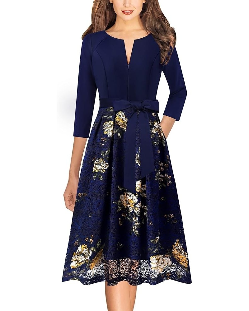 Womens Front Zipper Belted Patchwork Work Business Cocktail Party Casual A-Line Dress Navy Blue and Floral Print Lace $24.20 ...