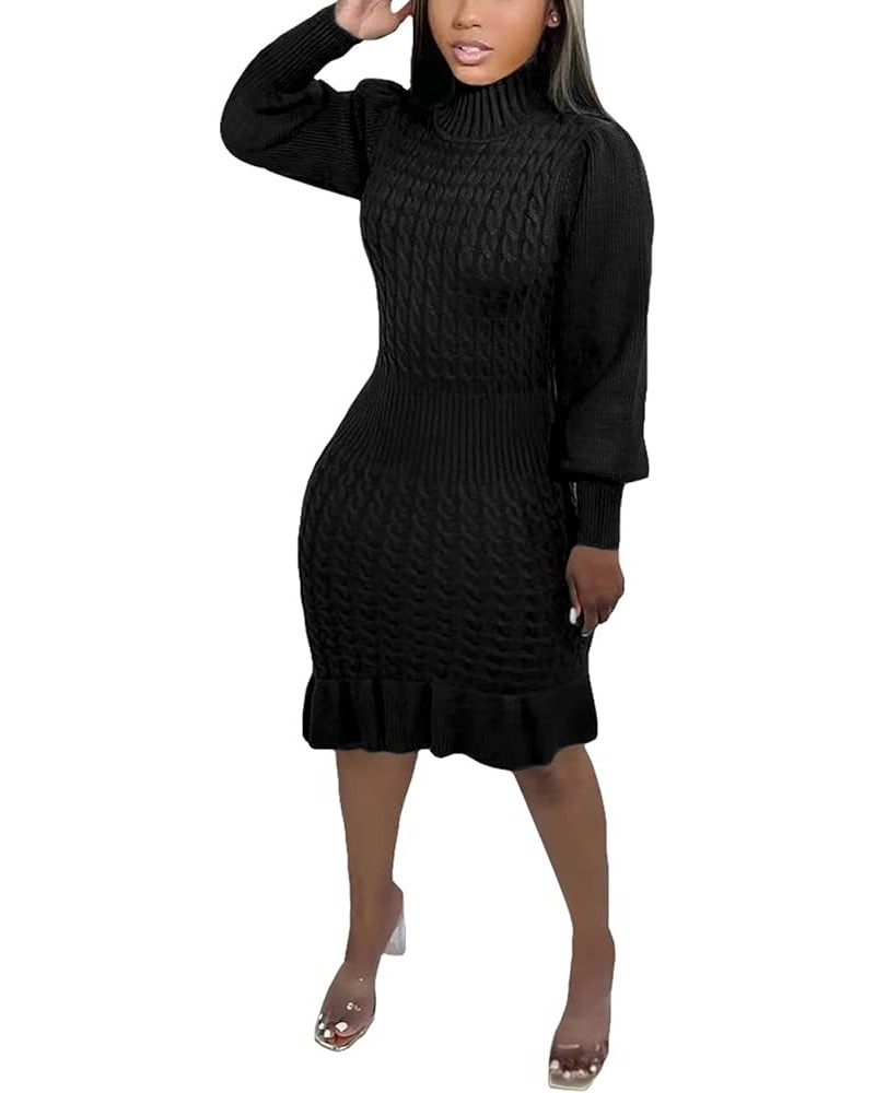 Women's Sweater Dresses High Neck Long Sleeve Cable Knit Ruffle Bodycon Midi Dress Black $19.32 Sweaters