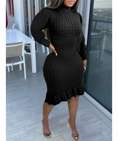 Women's Sweater Dresses High Neck Long Sleeve Cable Knit Ruffle Bodycon Midi Dress Black $19.32 Sweaters