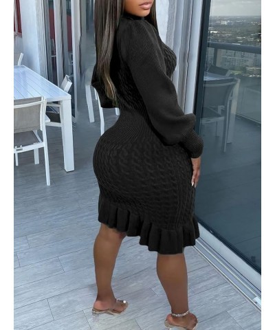 Women's Sweater Dresses High Neck Long Sleeve Cable Knit Ruffle Bodycon Midi Dress Black $19.32 Sweaters