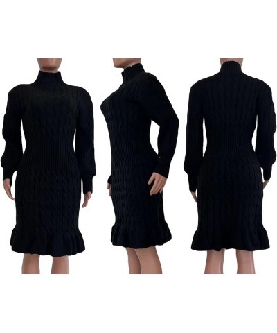 Women's Sweater Dresses High Neck Long Sleeve Cable Knit Ruffle Bodycon Midi Dress Black $19.32 Sweaters