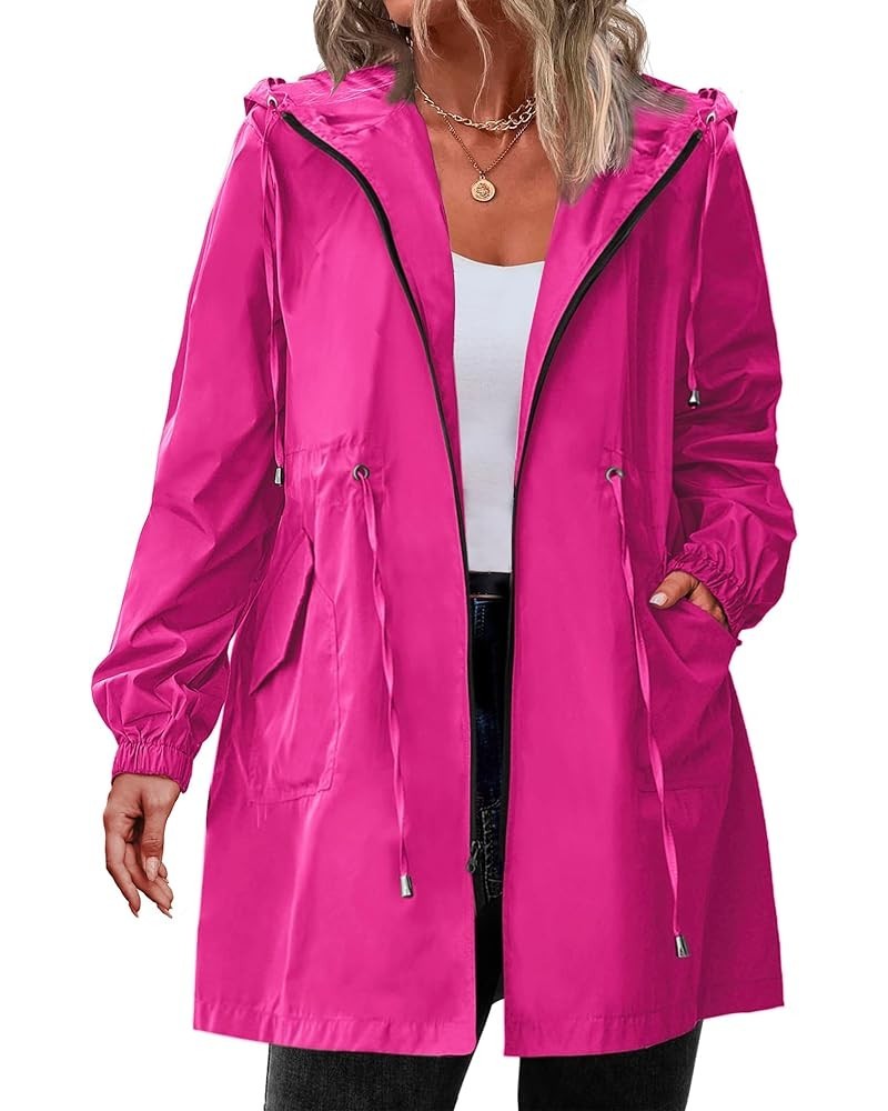 Women's Rain Jacket Plus Size Long Raincoat Lightweight Hooded Windbreaker Waterproof Jackets with Pockets Rose Red $26.51 Coats