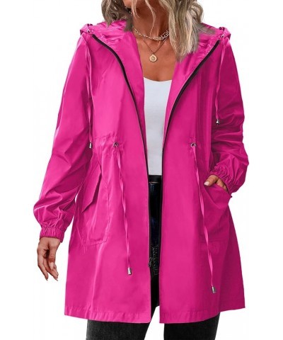 Women's Rain Jacket Plus Size Long Raincoat Lightweight Hooded Windbreaker Waterproof Jackets with Pockets Rose Red $26.51 Coats