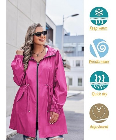 Women's Rain Jacket Plus Size Long Raincoat Lightweight Hooded Windbreaker Waterproof Jackets with Pockets Rose Red $26.51 Coats