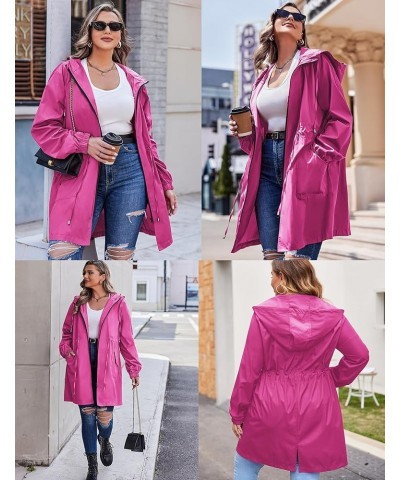 Women's Rain Jacket Plus Size Long Raincoat Lightweight Hooded Windbreaker Waterproof Jackets with Pockets Rose Red $26.51 Coats