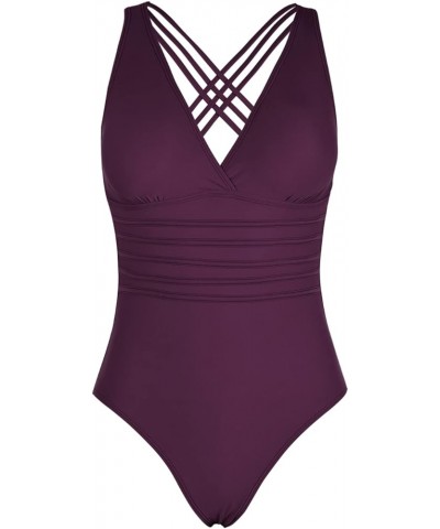 Women's One Piece Swimsuit Tummy Control Bathing Suits V Neck Swimwear Criss Cross Back Deep Merlot $14.00 Swimsuits