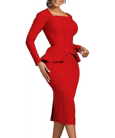 Women's Long Sleeve Dresses Fashion Tunic Sheath Skirt Casual Solid Color Business Dresses Square Neck Warp Dresses 1 red $20...