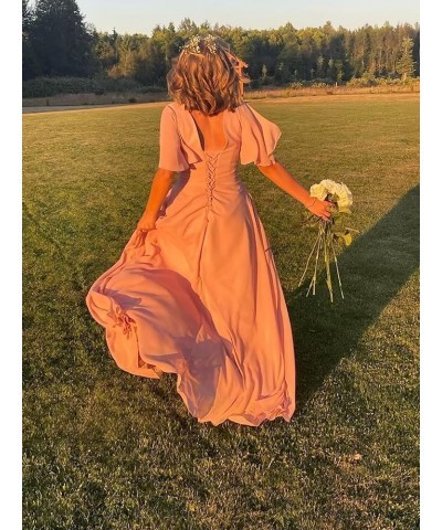 V-Neck Flutter Sleeve Bridesmaid Dress for Wedding with Pockets A-Line Long Chiffon Formal Party Dresses with Slit YO003 Cham...