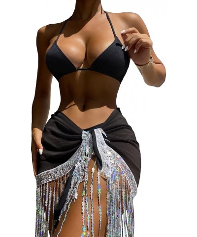 Women 3 Pieces Tie Back Halter Bikini Swimsuit with Sequin Fringe Beach Skirt Black $17.35 Swimsuits