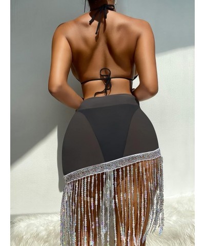 Women 3 Pieces Tie Back Halter Bikini Swimsuit with Sequin Fringe Beach Skirt Black $17.35 Swimsuits