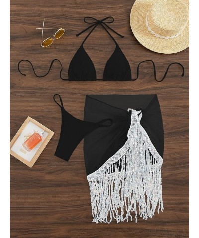 Women 3 Pieces Tie Back Halter Bikini Swimsuit with Sequin Fringe Beach Skirt Black $17.35 Swimsuits