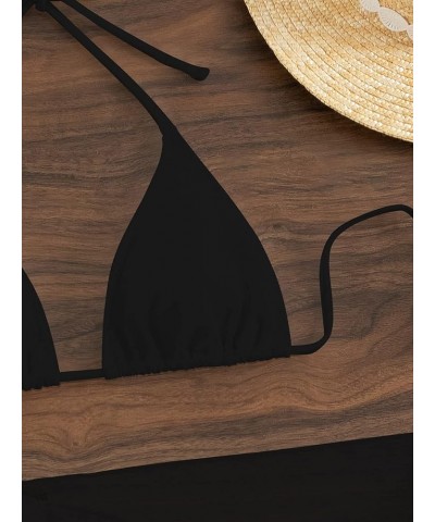 Women 3 Pieces Tie Back Halter Bikini Swimsuit with Sequin Fringe Beach Skirt Black $17.35 Swimsuits