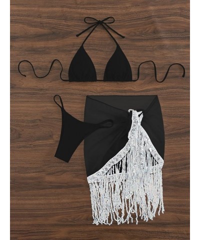 Women 3 Pieces Tie Back Halter Bikini Swimsuit with Sequin Fringe Beach Skirt Black $17.35 Swimsuits