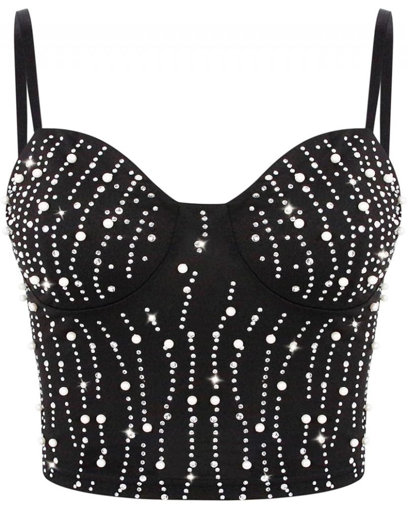 Women's Sexy Rhinestone Bustier Corset Glitter Diamond Push Up Crop Top Bra Vest Rave Party Clubwear Black 951 $13.02 Bras