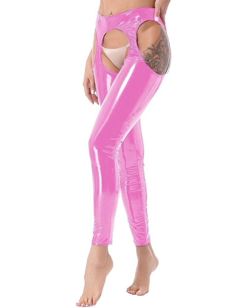 Women's Wet Look PVC Leather Open Crotch Backless Stretch Legging Pants 2 Pink $9.69 Bodysuits