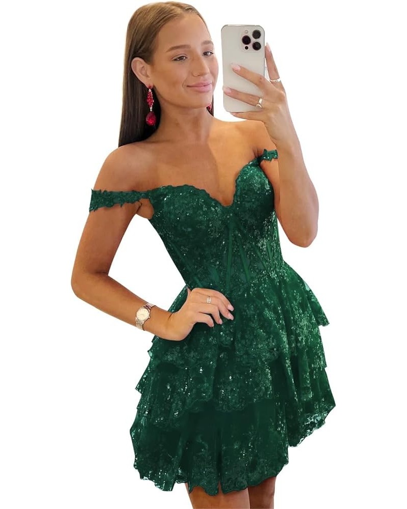 Tiered Lace Sequin Homecoming Dresses for Teens 2024 Off Shoulder Ruffle Prom Dress Sparkly Mini Cocktail Gown Emerald Green ...