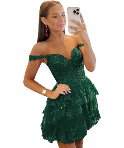 Tiered Lace Sequin Homecoming Dresses for Teens 2024 Off Shoulder Ruffle Prom Dress Sparkly Mini Cocktail Gown Emerald Green ...