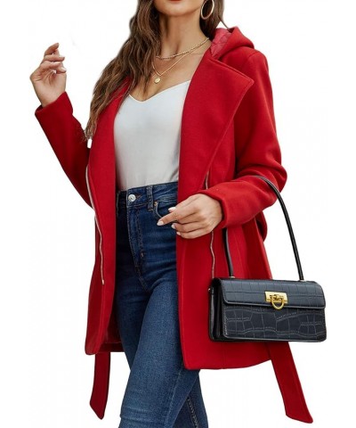 Women Wool Blend Jacket Hooded Casual Trench Belted Coat Red $33.00 Coats